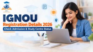 Indian student checking IGNOU registration details and study centre status on a laptop.