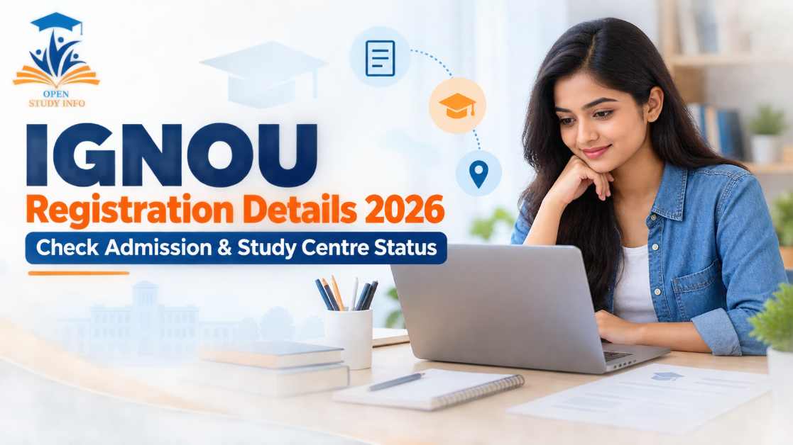 Indian student checking IGNOU registration details and study centre status on a laptop.