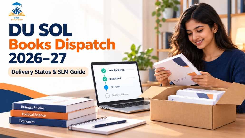 DU SOL books dispatch 2026–27 status guide with OpenStudyInfo logo